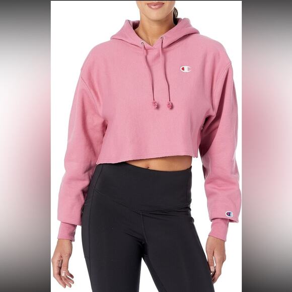Champion Women's Reverse Weave Cropped Cutoff Hoodie Sweatshirt in Pink Size L - Picture 1 of 8